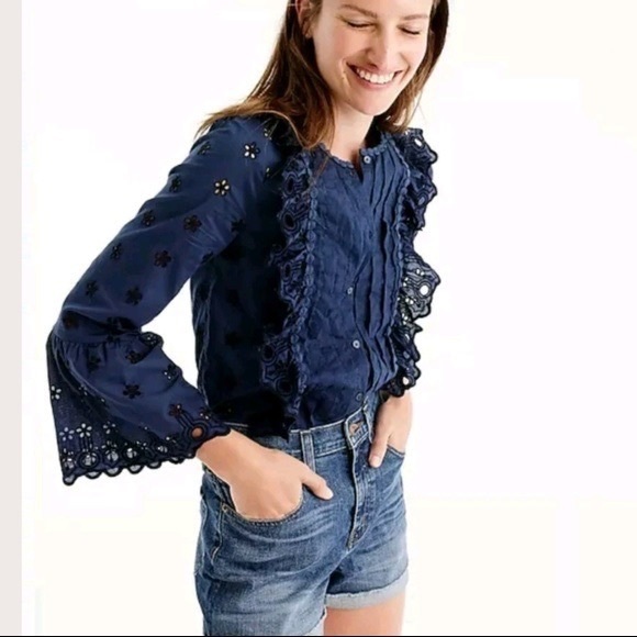 J Crew Navy Ruffle Eyelet Button Down Blouse - Picture 13 of 13